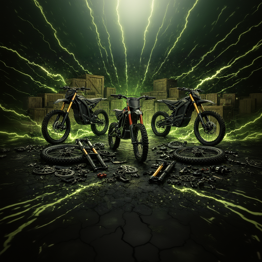 Three dirt bikes on a dark background with glowing green effects